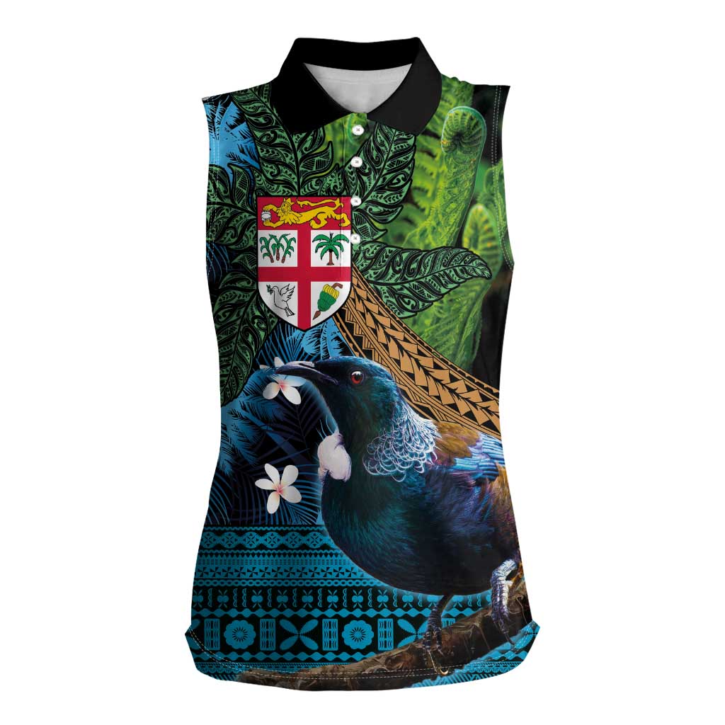 Fiji and New Zealand Tui Bird Women Sleeveless Polo Shirt Koru Fern Leafs and Palm Tree With Plumeria LT03 Female Blue - Polynesian Pride