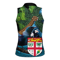 Fiji and New Zealand Tui Bird Women Sleeveless Polo Shirt Koru Fern Leafs and Palm Tree With Plumeria LT03 - Polynesian Pride