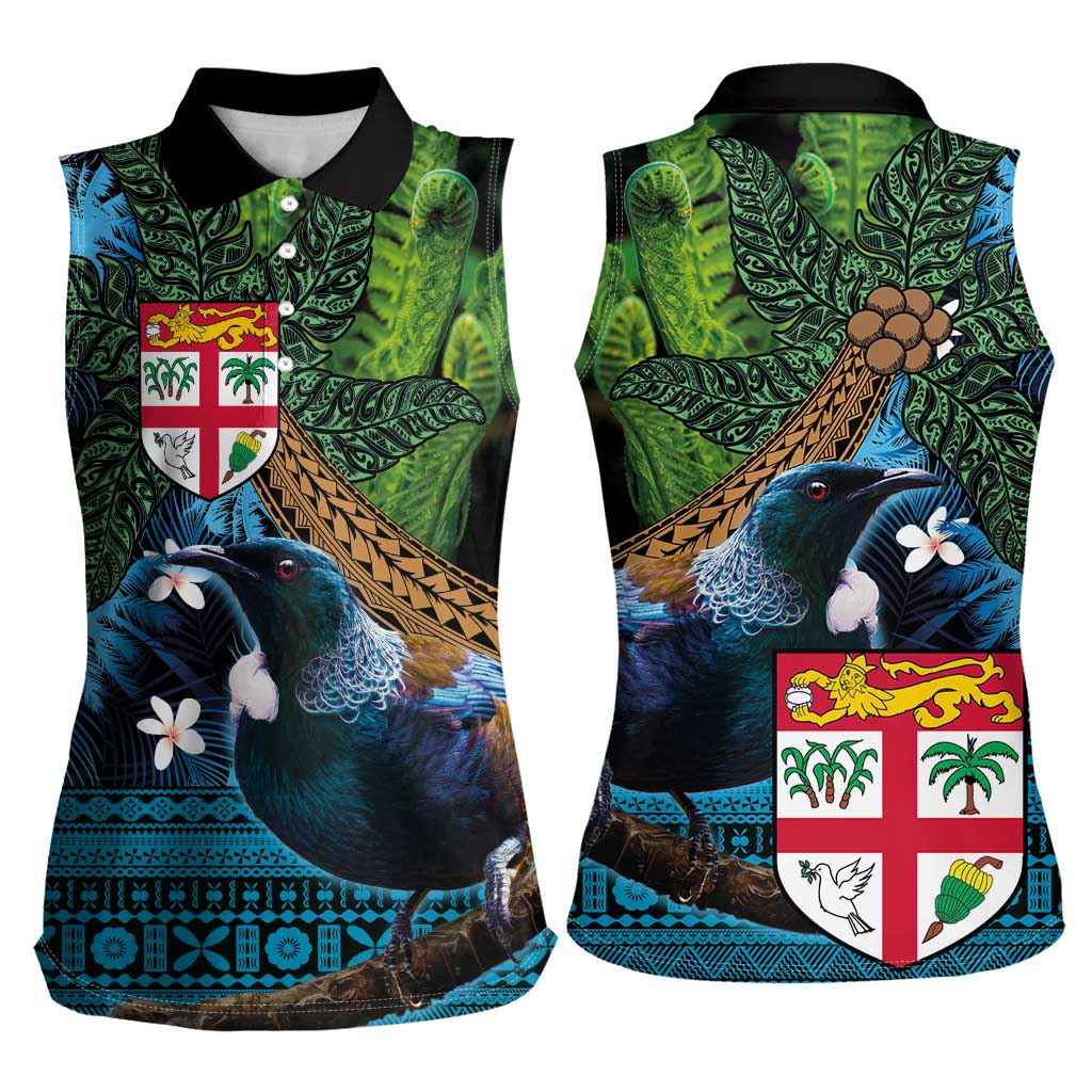 Fiji and New Zealand Tui Bird Women Sleeveless Polo Shirt Koru Fern Leafs and Palm Tree With Plumeria LT03 - Polynesian Pride