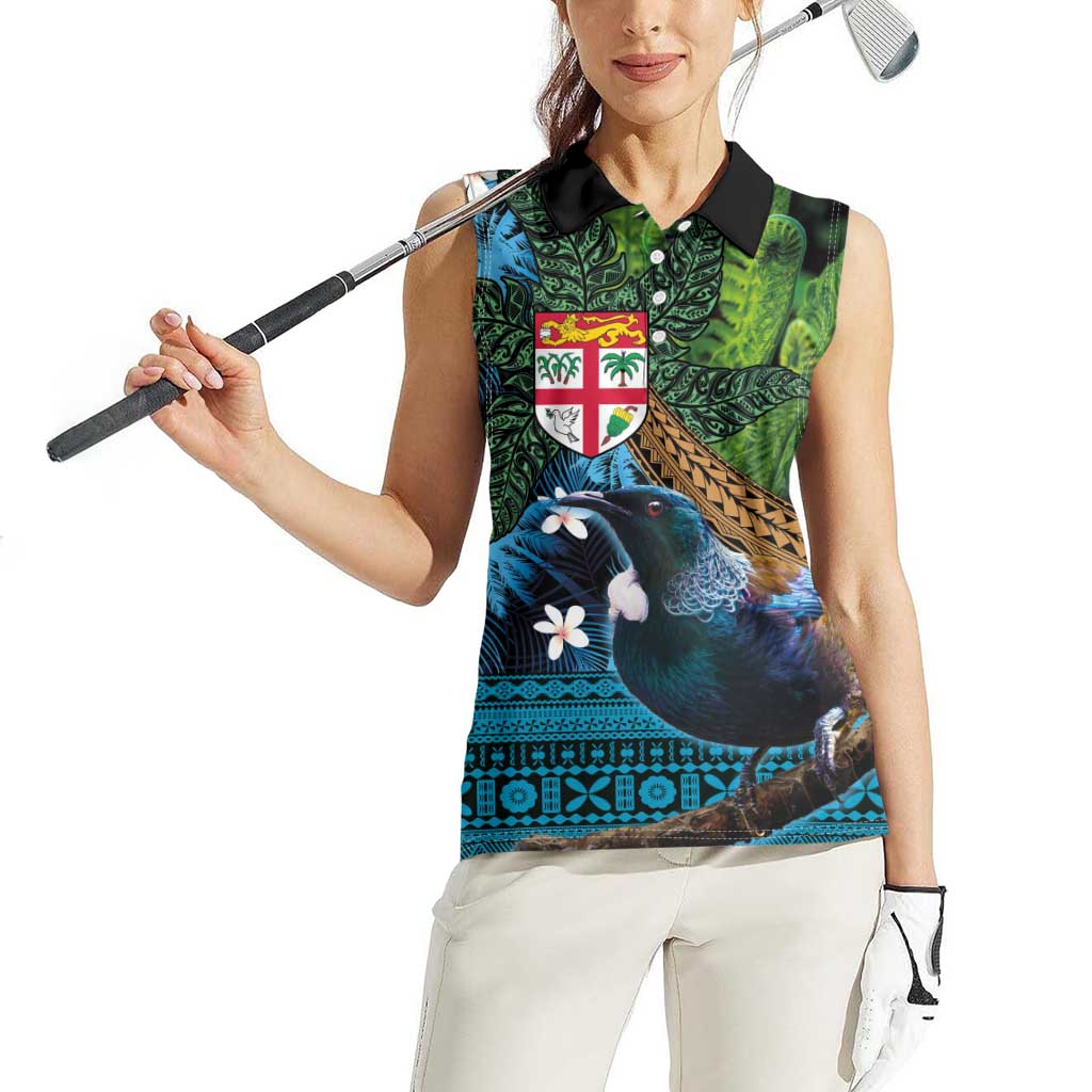 Fiji and New Zealand Tui Bird Women Sleeveless Polo Shirt Koru Fern Leafs and Palm Tree With Plumeria LT03 - Polynesian Pride