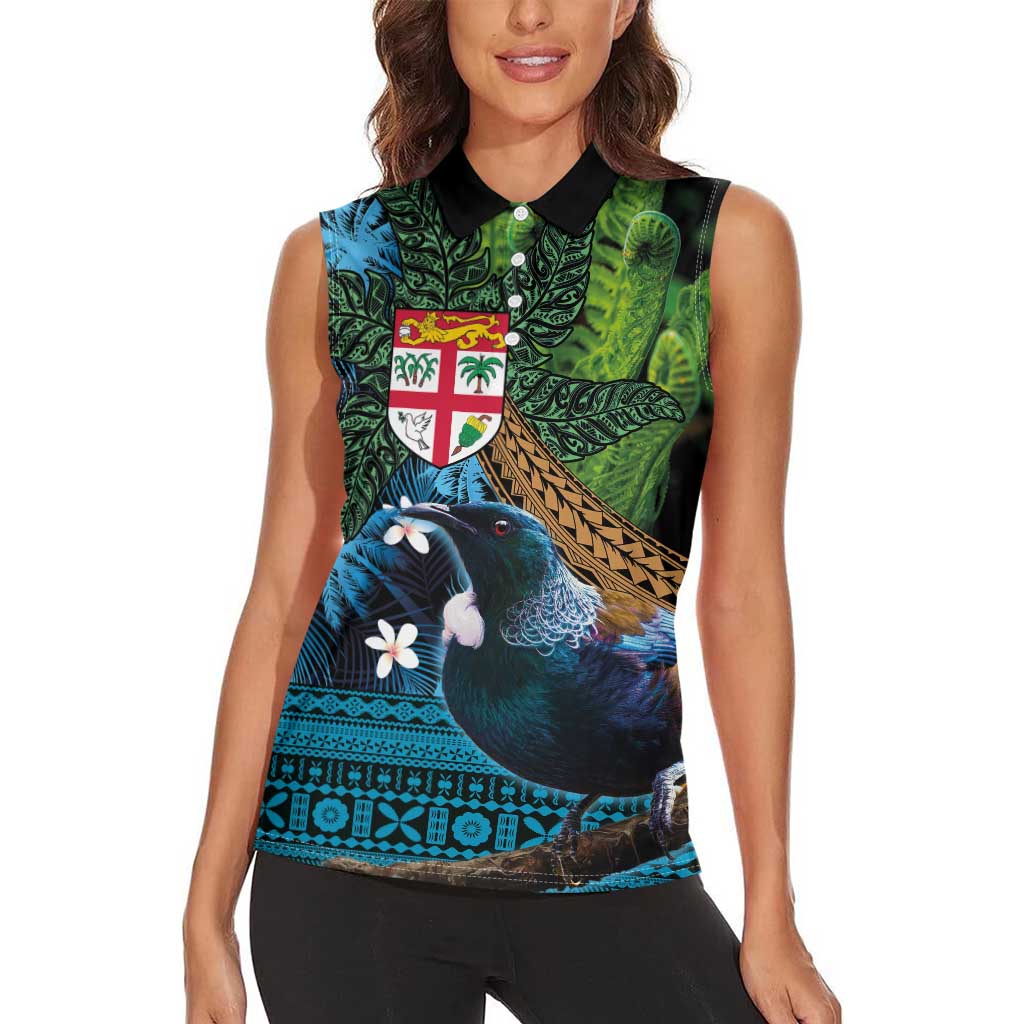 Fiji and New Zealand Tui Bird Women Sleeveless Polo Shirt Koru Fern Leafs and Palm Tree With Plumeria LT03 - Polynesian Pride