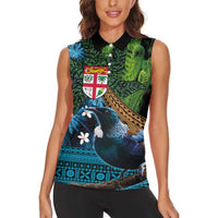 Fiji and New Zealand Tui Bird Women Sleeveless Polo Shirt Koru Fern Leafs and Palm Tree With Plumeria LT03 - Polynesian Pride