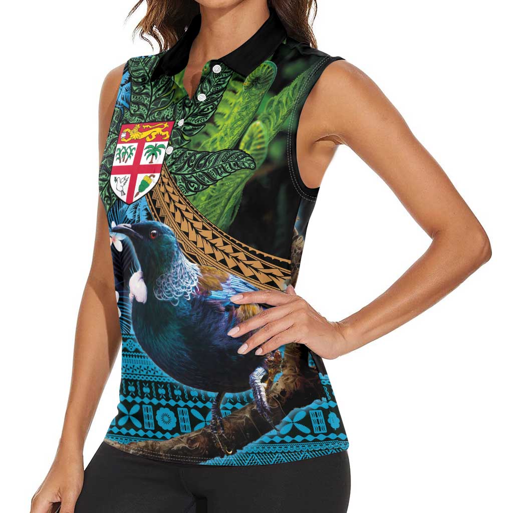 Fiji and New Zealand Tui Bird Women Sleeveless Polo Shirt Koru Fern Leafs and Palm Tree With Plumeria LT03 - Polynesian Pride