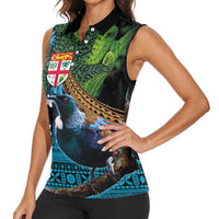 Fiji and New Zealand Tui Bird Women Sleeveless Polo Shirt Koru Fern Leafs and Palm Tree With Plumeria LT03 - Polynesian Pride