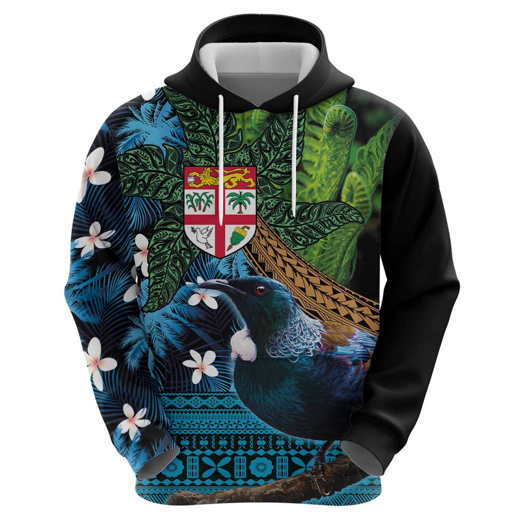 Fiji and New Zealand Tui Bird Zip Hoodie Koru Fern Leafs and Palm Tree With Plumeria