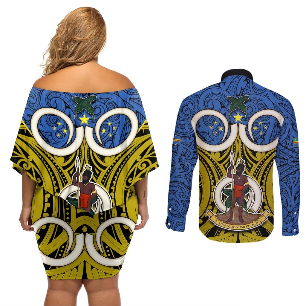 Vanuatu Tafea Province Couples Matching Off Shoulder Short Dress and Long Sleeve Button Shirts Pig Tusk Mix Maori Pattern and Namele Leaf LT03 - Polynesian Pride
