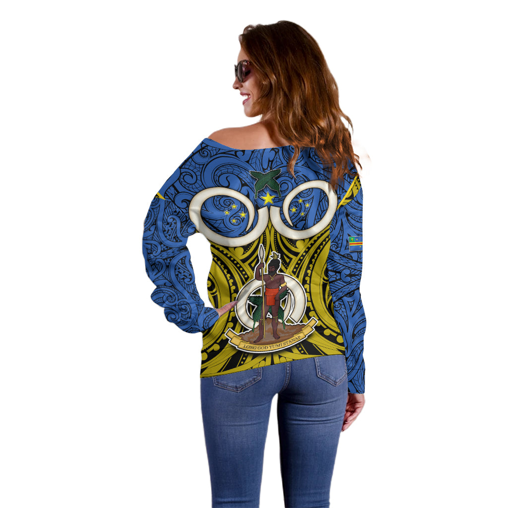 Vanuatu Tafea Province Off Shoulder Sweater Pig Tusk Mix Maori Pattern and Namele Leaf LT03 - Polynesian Pride