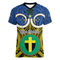 Vanuatu Tafea Province Women V Neck T Shirt Pig Tusk Mix Maori Pattern and Namele Leaf LT03 Female Blue - Polynesian Pride