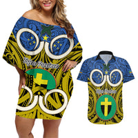 Personalised Vanuatu Tafea Province Couples Matching Off Shoulder Short Dress and Hawaiian Shirt Pig Tusk Mix Maori Pattern and Namele Leaf LT03 Blue - Polynesian Pride