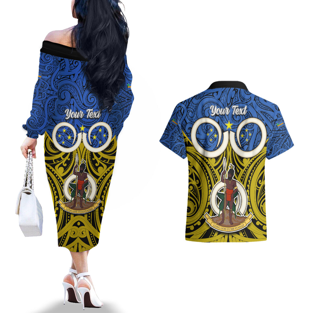 Personalised Vanuatu Tafea Province Couples Matching Off The Shoulder Long Sleeve Dress and Hawaiian Shirt Pig Tusk Mix Maori Pattern and Namele Leaf LT03 - Polynesian Pride
