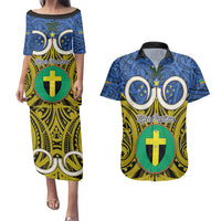 Personalised Vanuatu Tafea Province Couples Matching Puletasi Dress and Hawaiian Shirt Pig Tusk Mix Maori Pattern and Namele Leaf LT03 Blue - Polynesian Pride