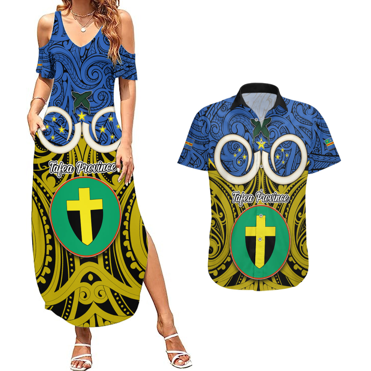 Personalised Vanuatu Tafea Province Couples Matching Summer Maxi Dress and Hawaiian Shirt Pig Tusk Mix Maori Pattern and Namele Leaf LT03 Blue - Polynesian Pride