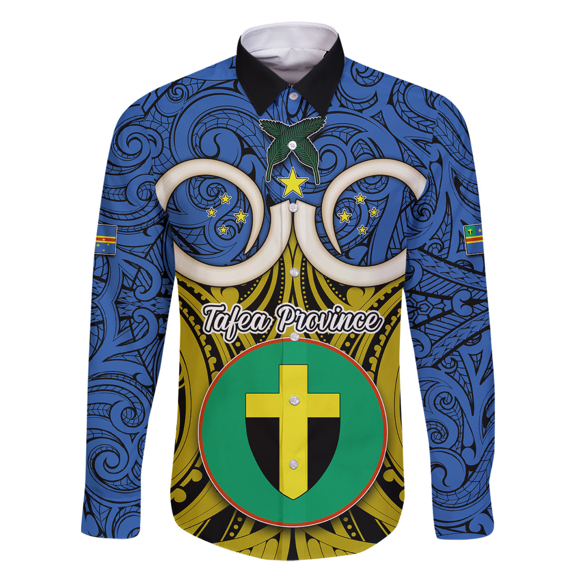 Personalised Vanuatu Tafea Province Family Matching Long Sleeve Bodycon Dress and Hawaiian Shirt Pig Tusk Mix Maori Pattern and Namele Leaf LT03 Dad's Shirt - Long Sleeve Blue - Polynesian Pride