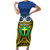 Personalised Vanuatu Tafea Province Short Sleeve Bodycon Dress Pig Tusk Mix Maori Pattern and Namele Leaf LT03 Long Dress Blue - Polynesian Pride