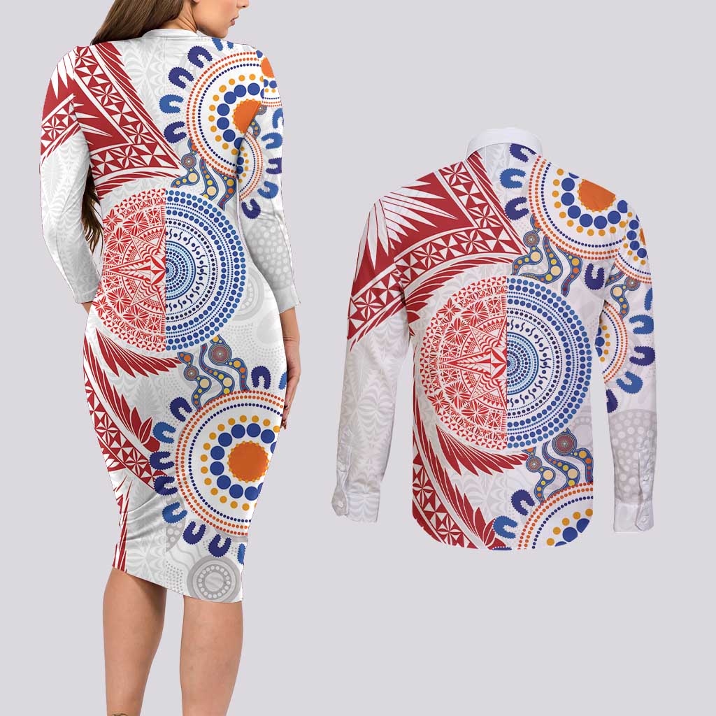 Tongan and Australian Culture Together Couples Matching Long Sleeve Bodycon Dress and Long Sleeve Button Shirt Ngatu Art Tribal Aboriginal Tattoo Pattern - Polynesian Pride