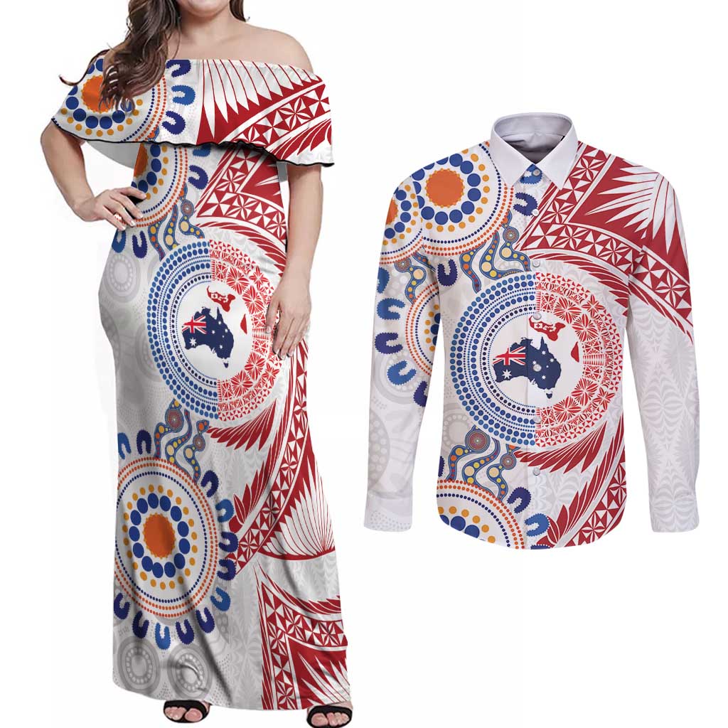 Tongan and Australian Culture Together Couples Matching Off Shoulder Maxi Dress and Long Sleeve Button Shirt Ngatu Art Tribal Aboriginal Tattoo Pattern - Polynesian Pride