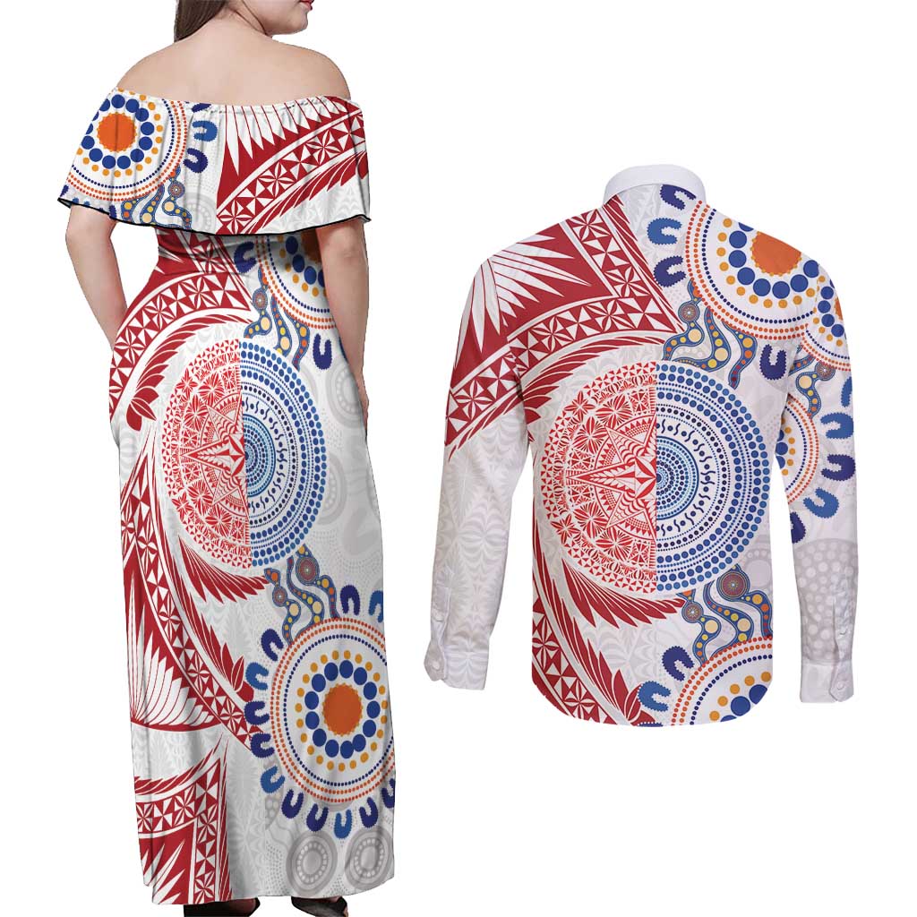 Tongan and Australian Culture Together Couples Matching Off Shoulder Maxi Dress and Long Sleeve Button Shirt Ngatu Art Tribal Aboriginal Tattoo Pattern - Polynesian Pride