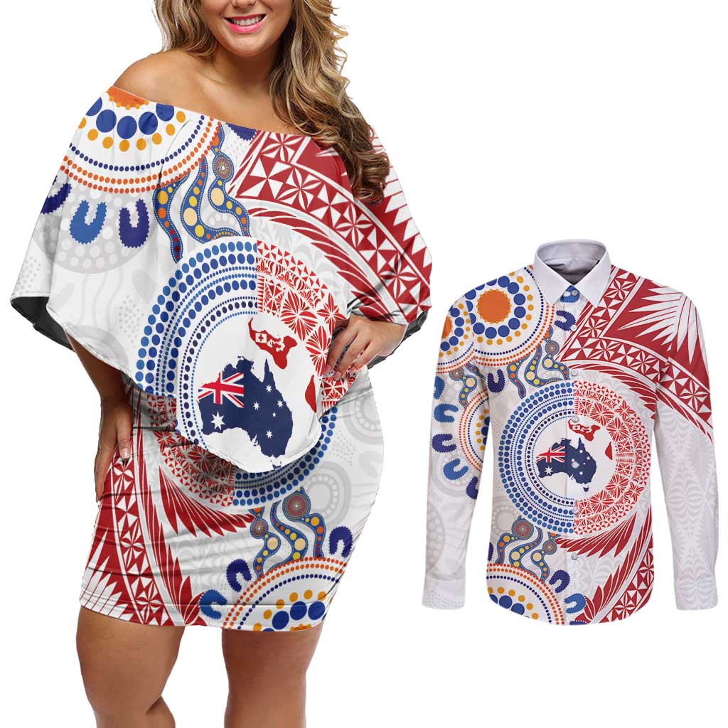 Tongan and Australian Culture Together Couples Matching Off Shoulder Short Dress and Long Sleeve Button Shirt Ngatu Art Tribal Aboriginal Tattoo Pattern - Polynesian Pride