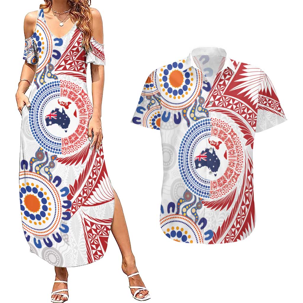 Tongan and Australian Culture Together Couples Matching Summer Maxi Dress and Hawaiian Shirt Ngatu Art Tribal Aboriginal Tattoo Pattern - Polynesian Pride