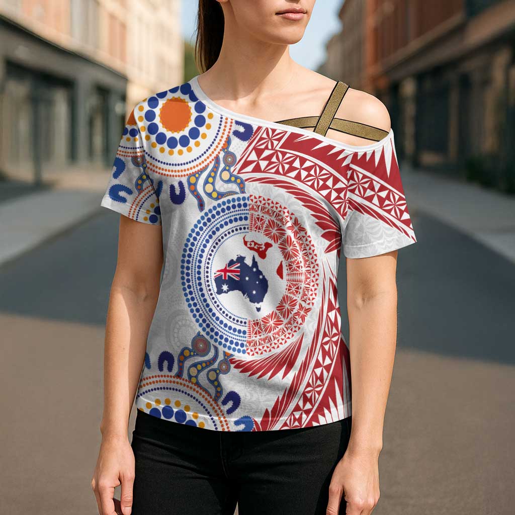 Tongan and Australian Culture Together Cross Shoulder Shirt Ngatu Art Tribal Aboriginal Tattoo Pattern - Polynesian Pride