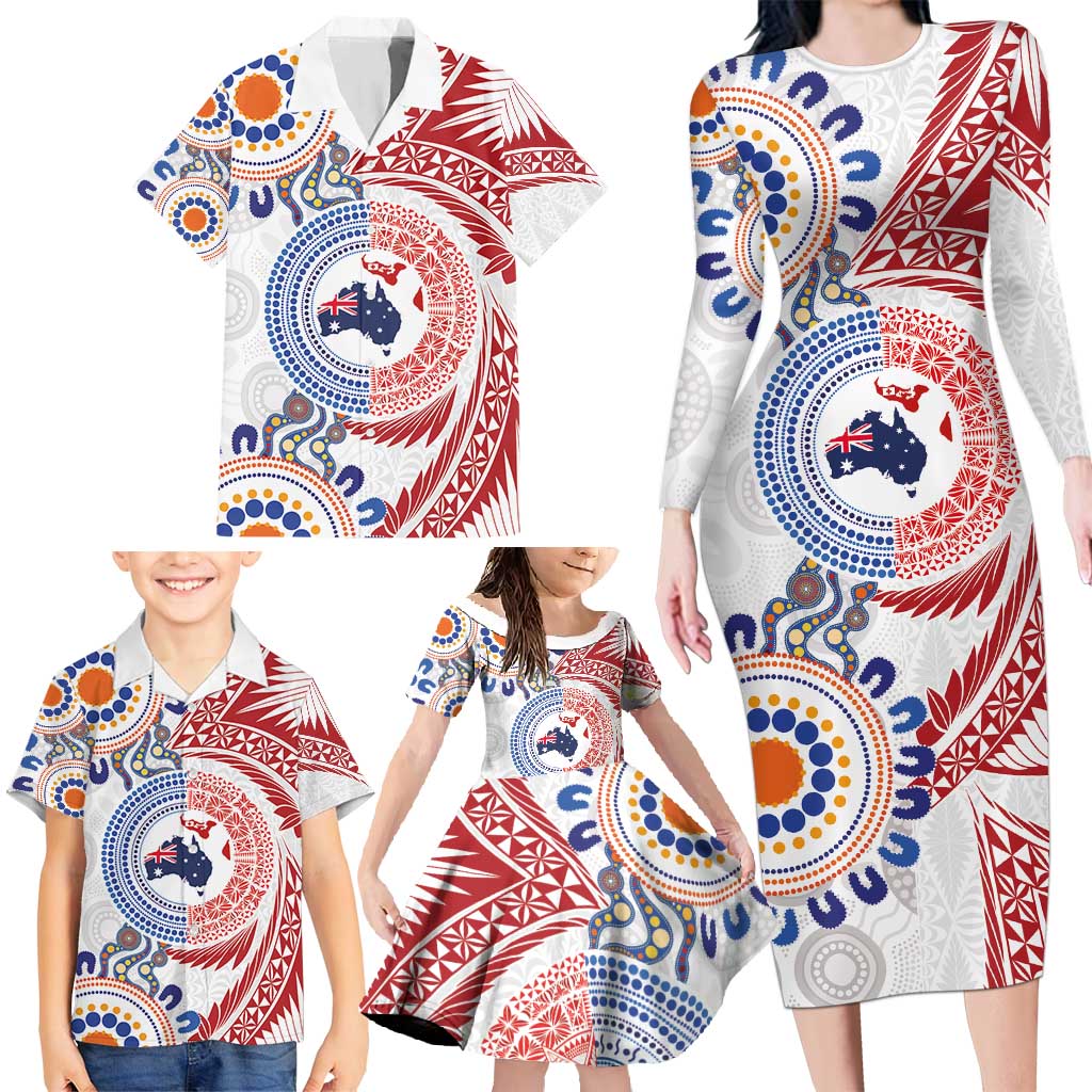 Tongan and Australian Culture Together Family Matching Long Sleeve Bodycon Dress and Hawaiian Shirt Ngatu Art Tribal Aboriginal Tattoo Pattern - Polynesian Pride