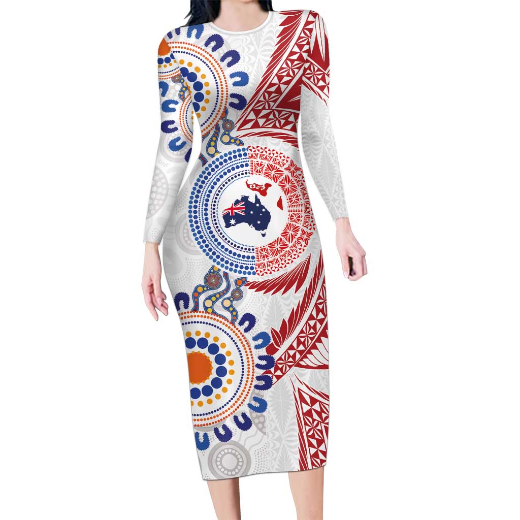 Tongan and Australian Culture Together Family Matching Long Sleeve Bodycon Dress and Hawaiian Shirt Ngatu Art Tribal Aboriginal Tattoo Pattern - Polynesian Pride