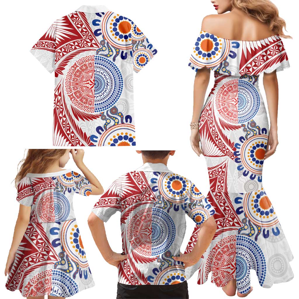 Tongan and Australian Culture Together Family Matching Mermaid Dress and Hawaiian Shirt Ngatu Art Tribal Aboriginal Tattoo Pattern - Polynesian Pride