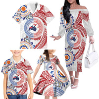Tongan and Australian Culture Together Family Matching Off The Shoulder Long Sleeve Dress and Hawaiian Shirt Ngatu Art Tribal Aboriginal Tattoo Pattern - Polynesian Pride