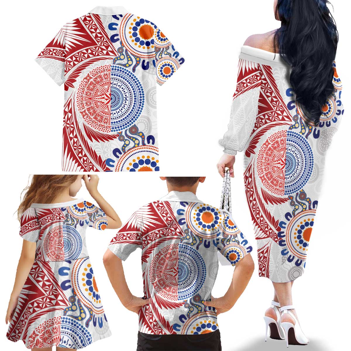Tongan and Australian Culture Together Family Matching Off The Shoulder Long Sleeve Dress and Hawaiian Shirt Ngatu Art Tribal Aboriginal Tattoo Pattern - Polynesian Pride