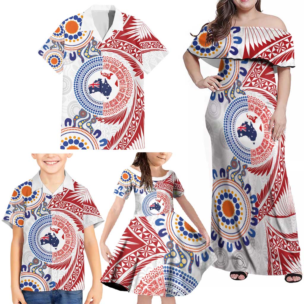 Tongan and Australian Culture Together Family Matching Off Shoulder Maxi Dress and Hawaiian Shirt Ngatu Art Tribal Aboriginal Tattoo Pattern - Polynesian Pride