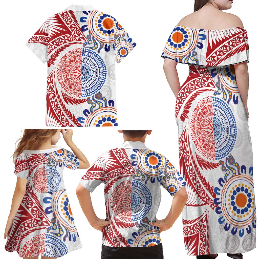 Tongan and Australian Culture Together Family Matching Off Shoulder Maxi Dress and Hawaiian Shirt Ngatu Art Tribal Aboriginal Tattoo Pattern - Polynesian Pride