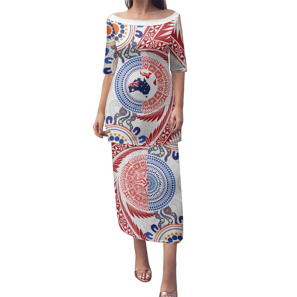 Tongan and Australian Culture Together Family Matching Puletasi and Hawaiian Shirt Ngatu Art Tribal Aboriginal Tattoo Pattern - Polynesian Pride