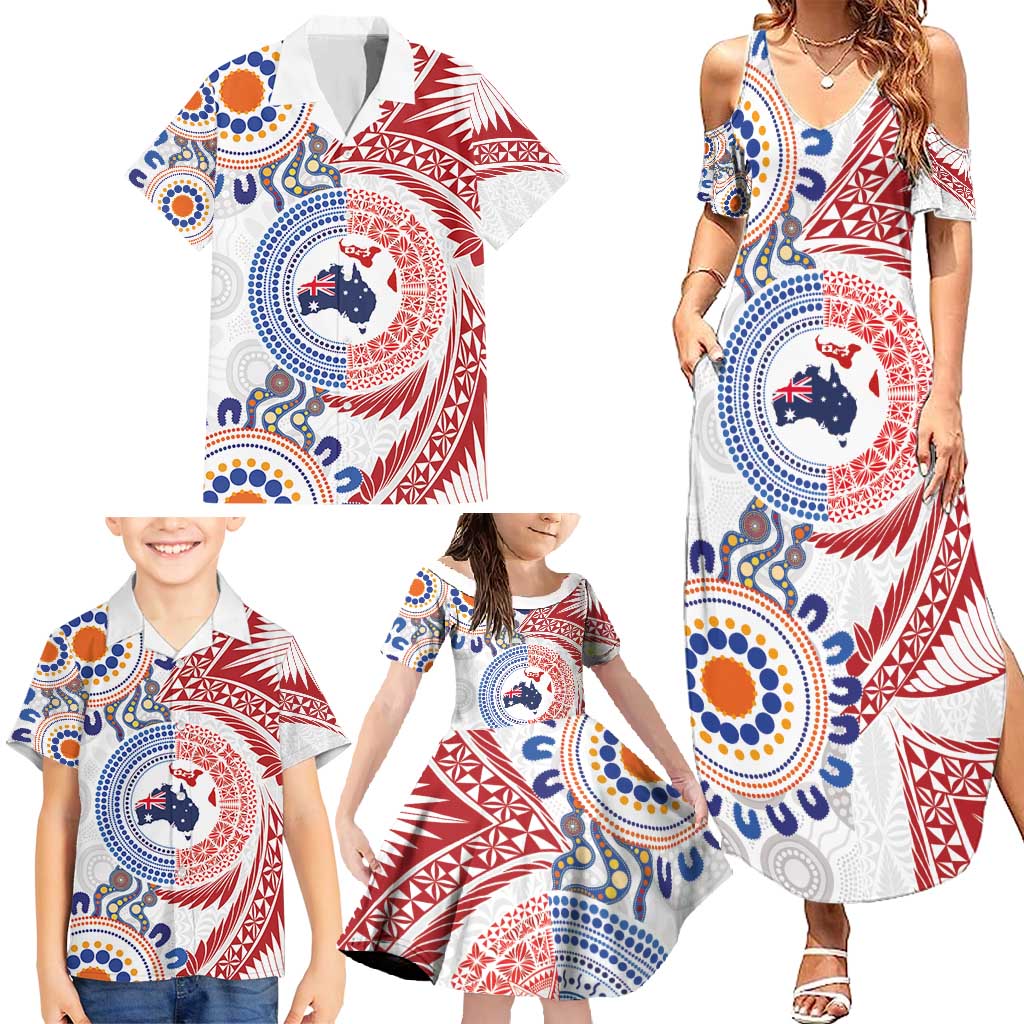 Tongan and Australian Culture Together Family Matching Summer Maxi Dress and Hawaiian Shirt Ngatu Art Tribal Aboriginal Tattoo Pattern - Polynesian Pride