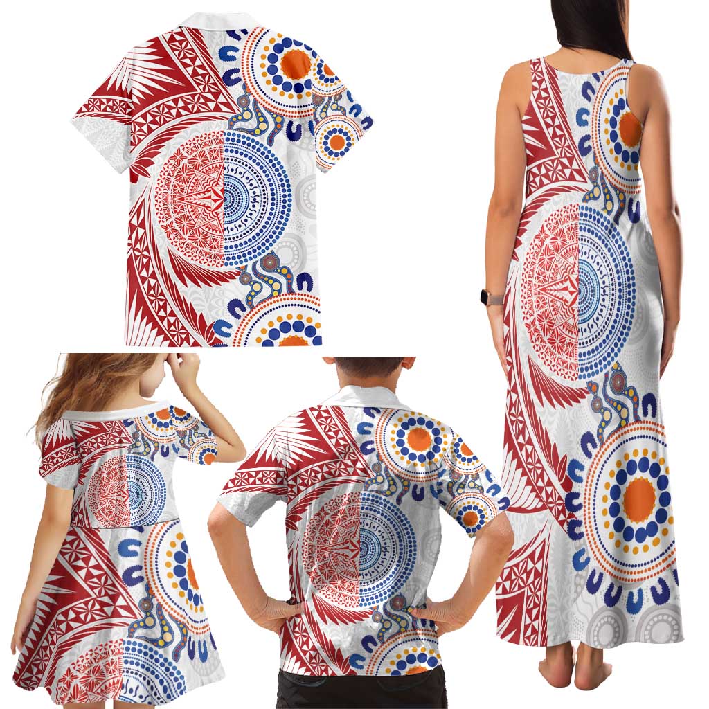 Tongan and Australian Culture Together Family Matching Tank Maxi Dress and Hawaiian Shirt Ngatu Art Tribal Aboriginal Tattoo Pattern - Polynesian Pride