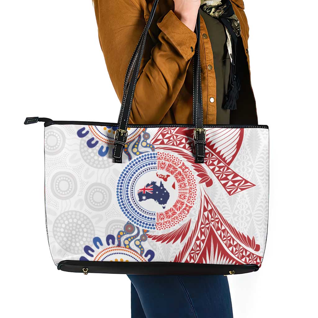 Tongan and Australian Culture Together Leather Tote Bag Ngatu Art Tribal Aboriginal Tattoo Pattern - Polynesian Pride