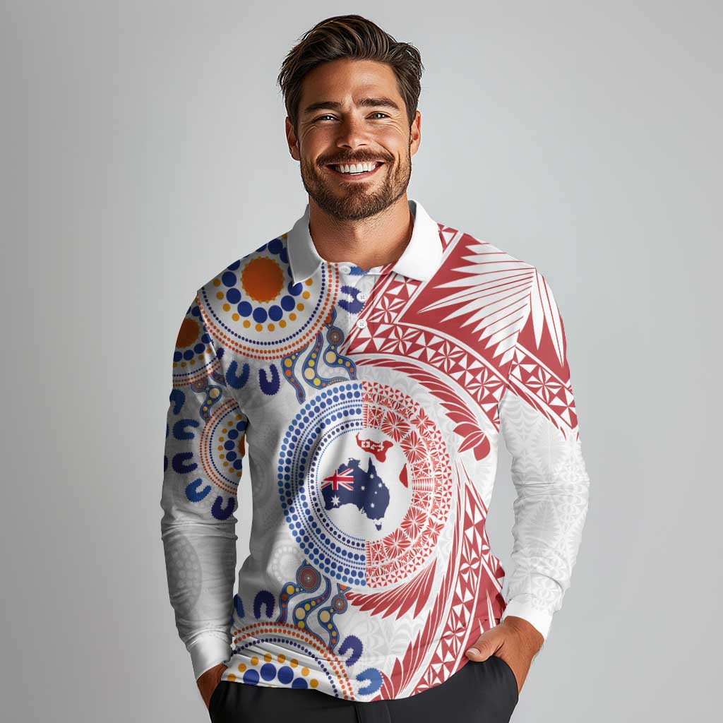 Tongan and Australian Culture Together Long Sleeve Polo Shirt Ngatu Art Tribal Aboriginal Tattoo Pattern - Polynesian Pride