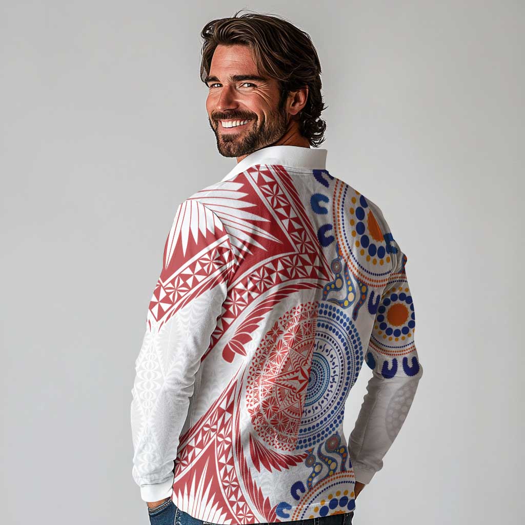 Tongan and Australian Culture Together Long Sleeve Polo Shirt Ngatu Art Tribal Aboriginal Tattoo Pattern - Polynesian Pride
