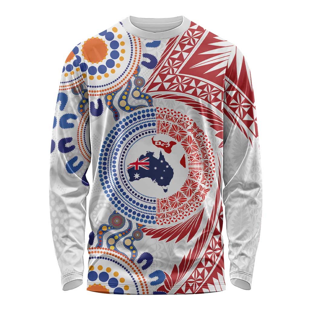 Tongan and Australian Culture Together Long Sleeve Shirt Ngatu Art Tribal Aboriginal Tattoo Pattern - Polynesian Pride