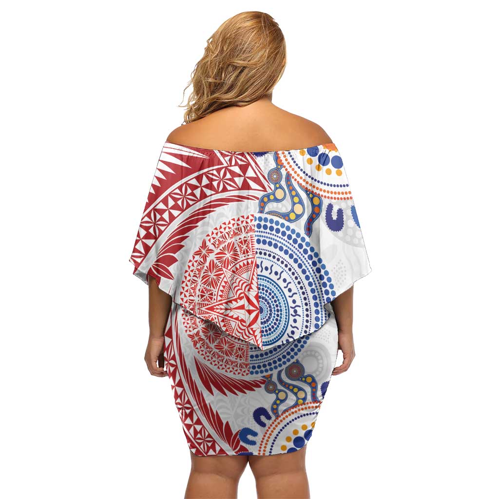 Tongan and Australian Culture Together Off Shoulder Short Dress Ngatu Art Tribal Aboriginal Tattoo Pattern - Polynesian Pride