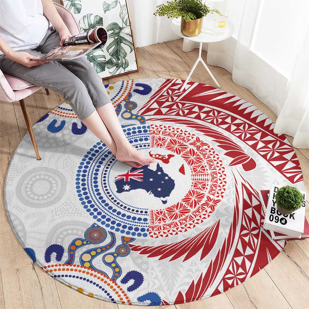 Tongan and Australian Culture Together Round Carpet Ngatu Art Tribal Aboriginal Tattoo Pattern - Polynesian Pride