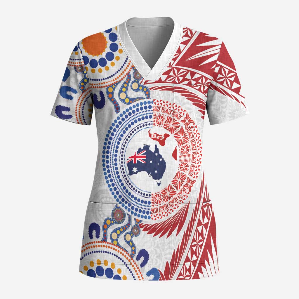 Tongan and Australian Culture Together Scrub Top Ngatu Art Tribal Aboriginal Tattoo Pattern - Polynesian Pride