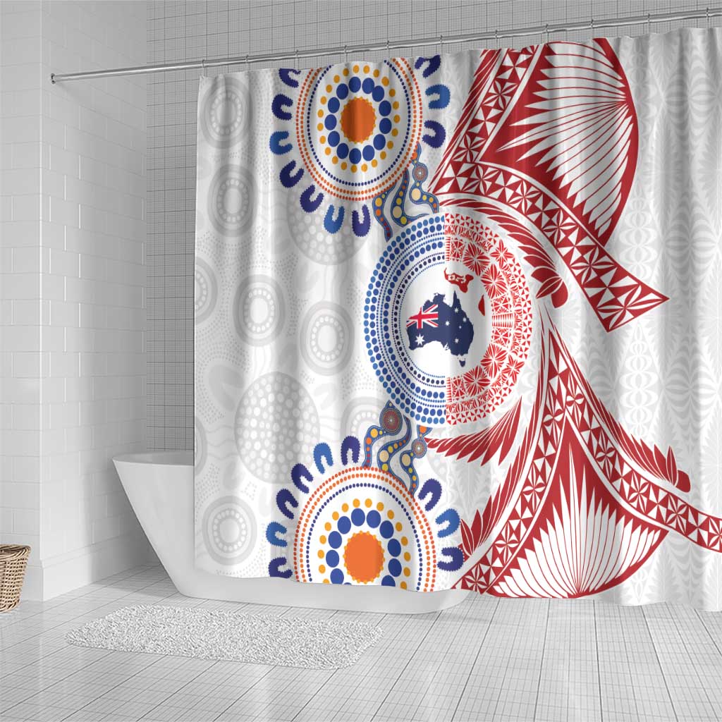Tongan and Australian Culture Together Shower Curtain Ngatu Art Tribal Aboriginal Tattoo Pattern - Polynesian Pride