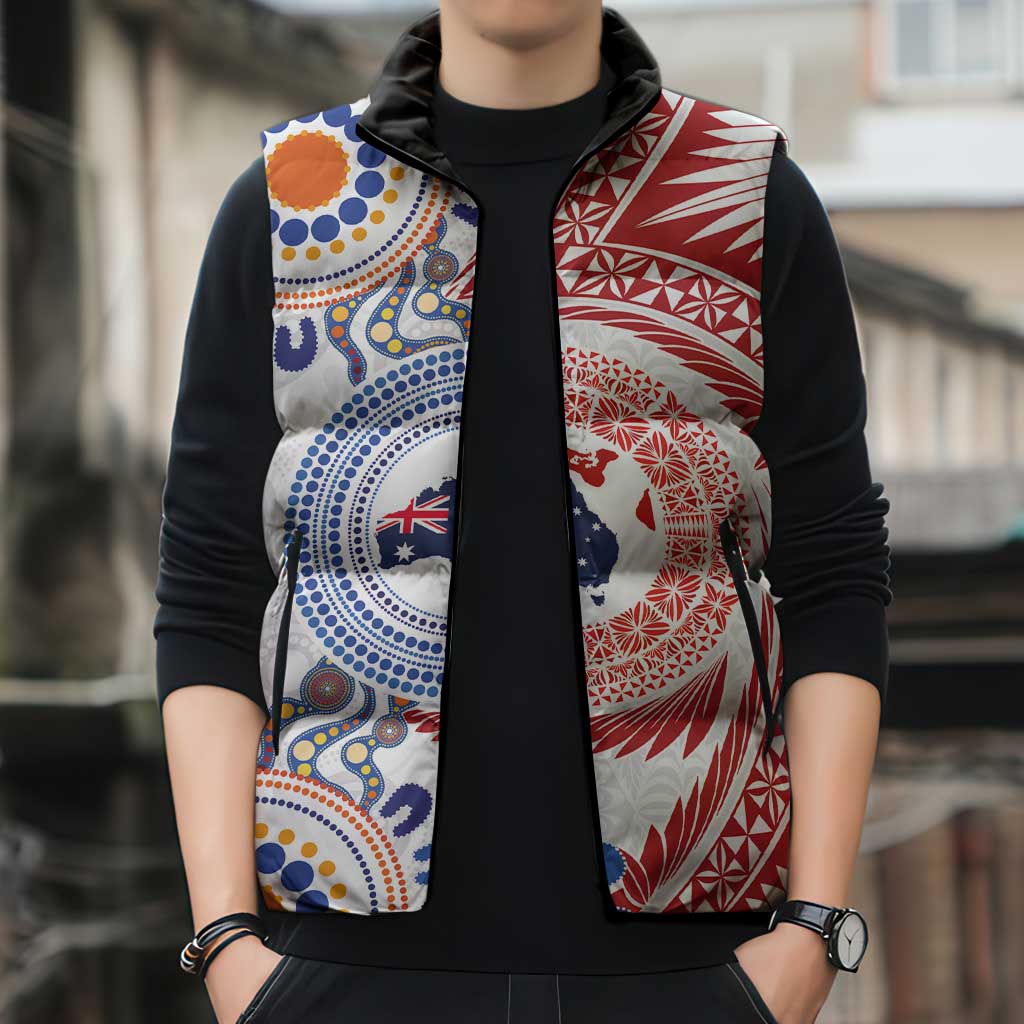 Tongan and Australian Culture Together Sleeveless Puffer Jacket Ngatu Art Tribal Aboriginal Tattoo Pattern - Polynesian Pride