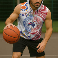 Tongan and Australian Culture Together Sleeveless Zip Hoodie Ngatu Art Tribal Aboriginal Tattoo Pattern - Polynesian Pride