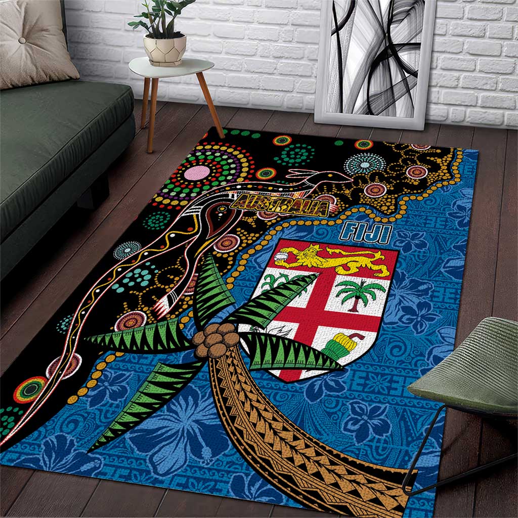 Fijian and Australian Culture Together Area Rug Aboriginal Art and Tapa Motifs with Kangaroo and Palm Tree - Polynesian Pride