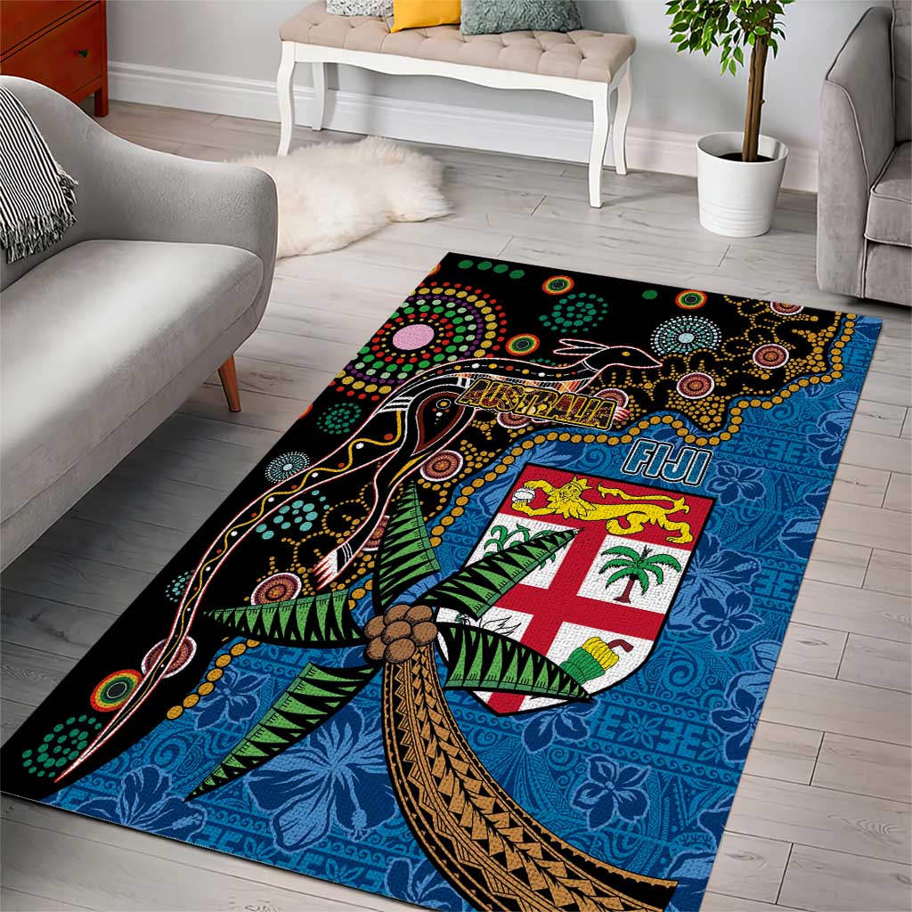 Fijian and Australian Culture Together Area Rug Aboriginal Art and Tapa Motifs with Kangaroo and Palm Tree - Polynesian Pride