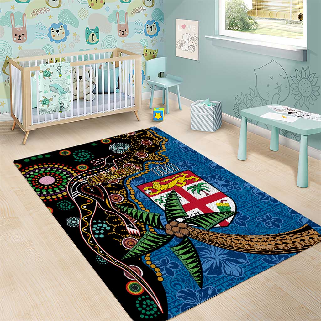Fijian and Australian Culture Together Area Rug Aboriginal Art and Tapa Motifs with Kangaroo and Palm Tree - Polynesian Pride