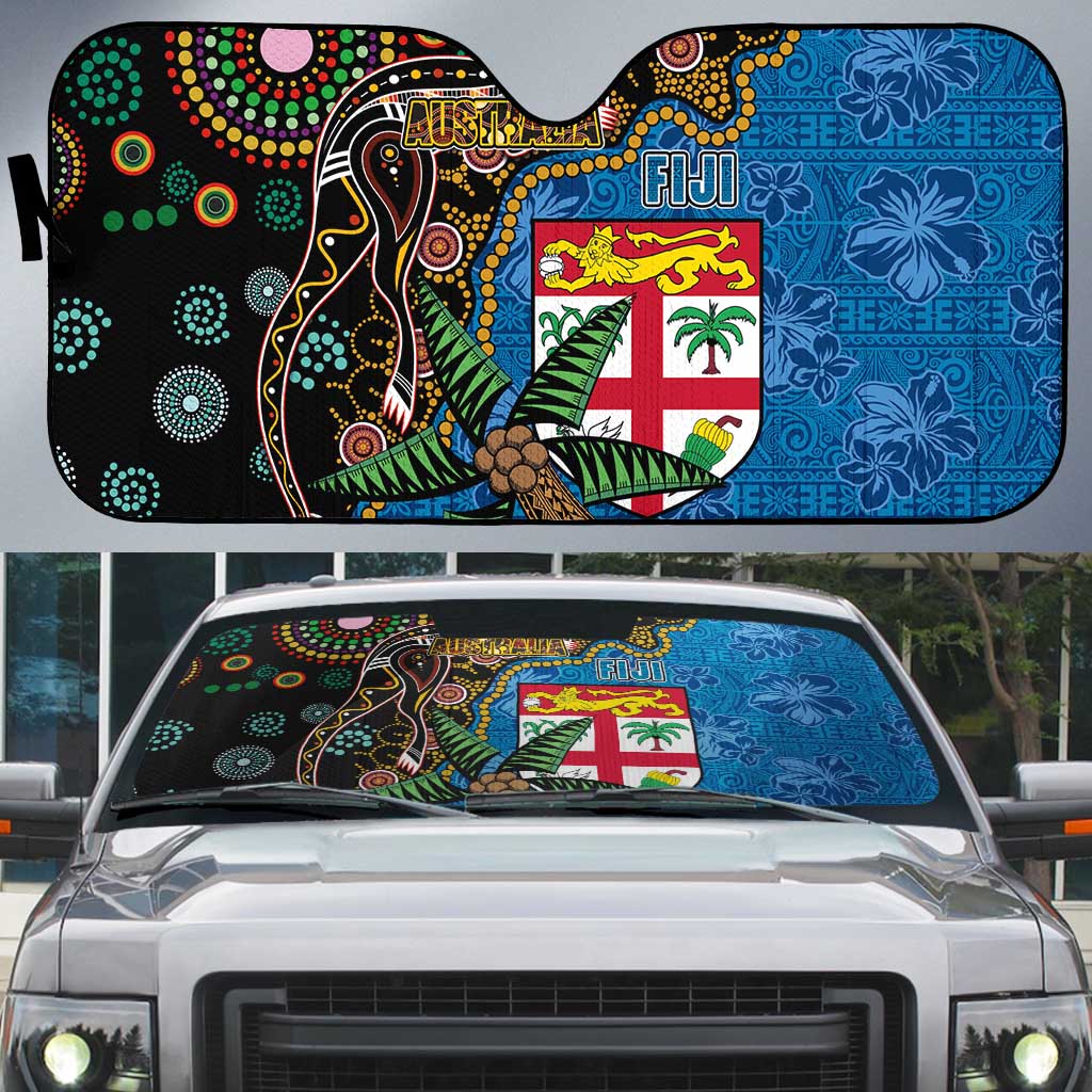 Fijian and Australian Culture Together Auto Sun Shade Aboriginal Art and Tapa Motifs with Kangaroo and Palm Tree - Polynesian Pride