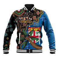 Fijian and Australian Culture Together Baseball Jacket Aboriginal Art and Tapa Motifs with Kangaroo and Palm Tree - Polynesian Pride