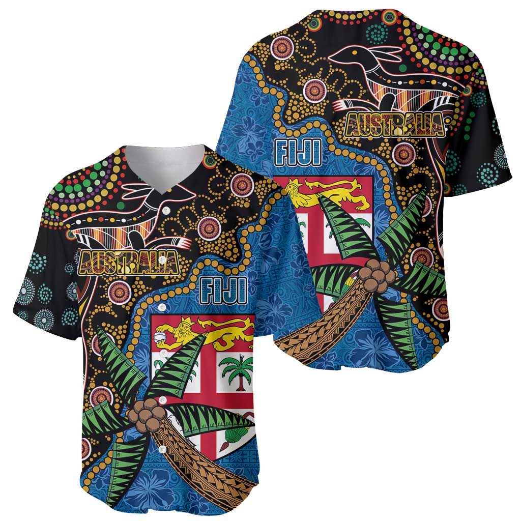 Fijian and Australian Culture Together Baseball Jersey Aboriginal Art and Tapa Motifs with Kangaroo and Palm Tree - Polynesian Pride